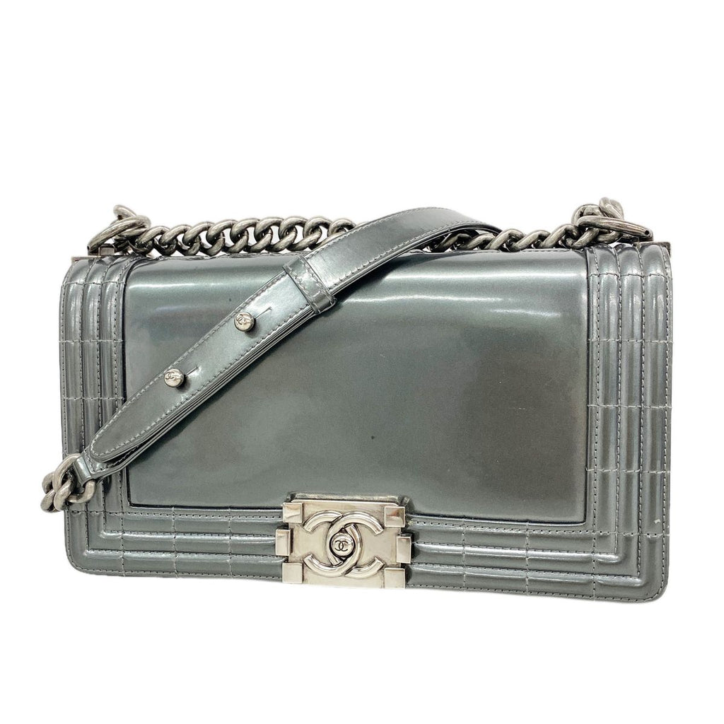 Chanel Shoulder Bag Boy Patent Leather Gray Silver