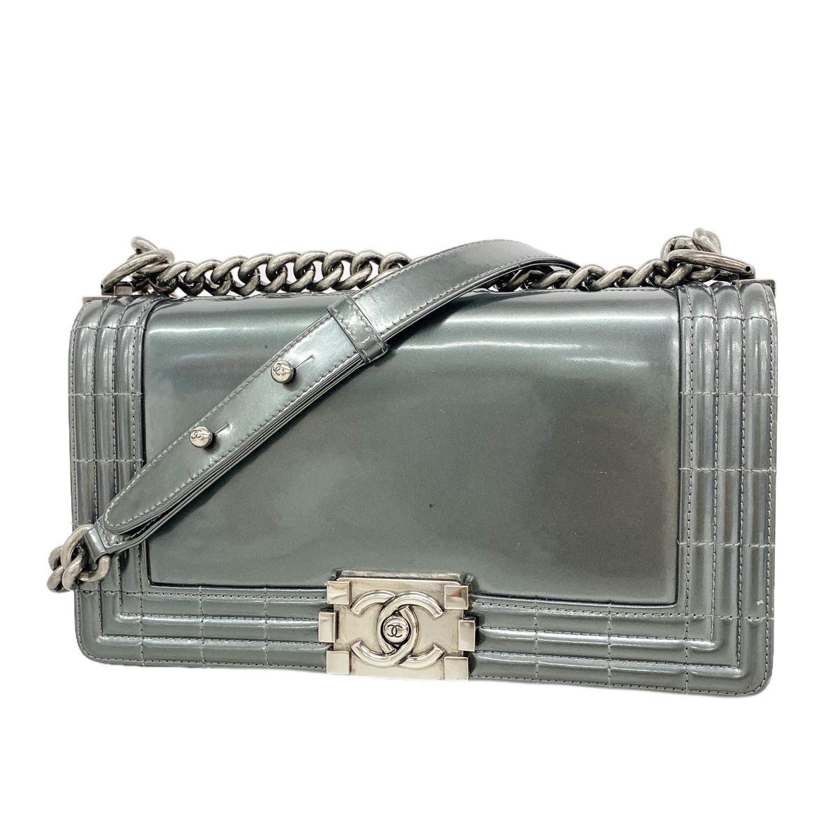 Chanel Shoulder Bag Boy Patent Leather Gray Silver