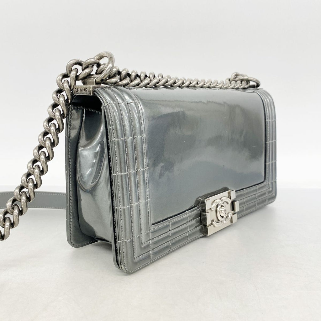 Chanel Shoulder Bag Boy Patent Leather Gray Silver — view 2