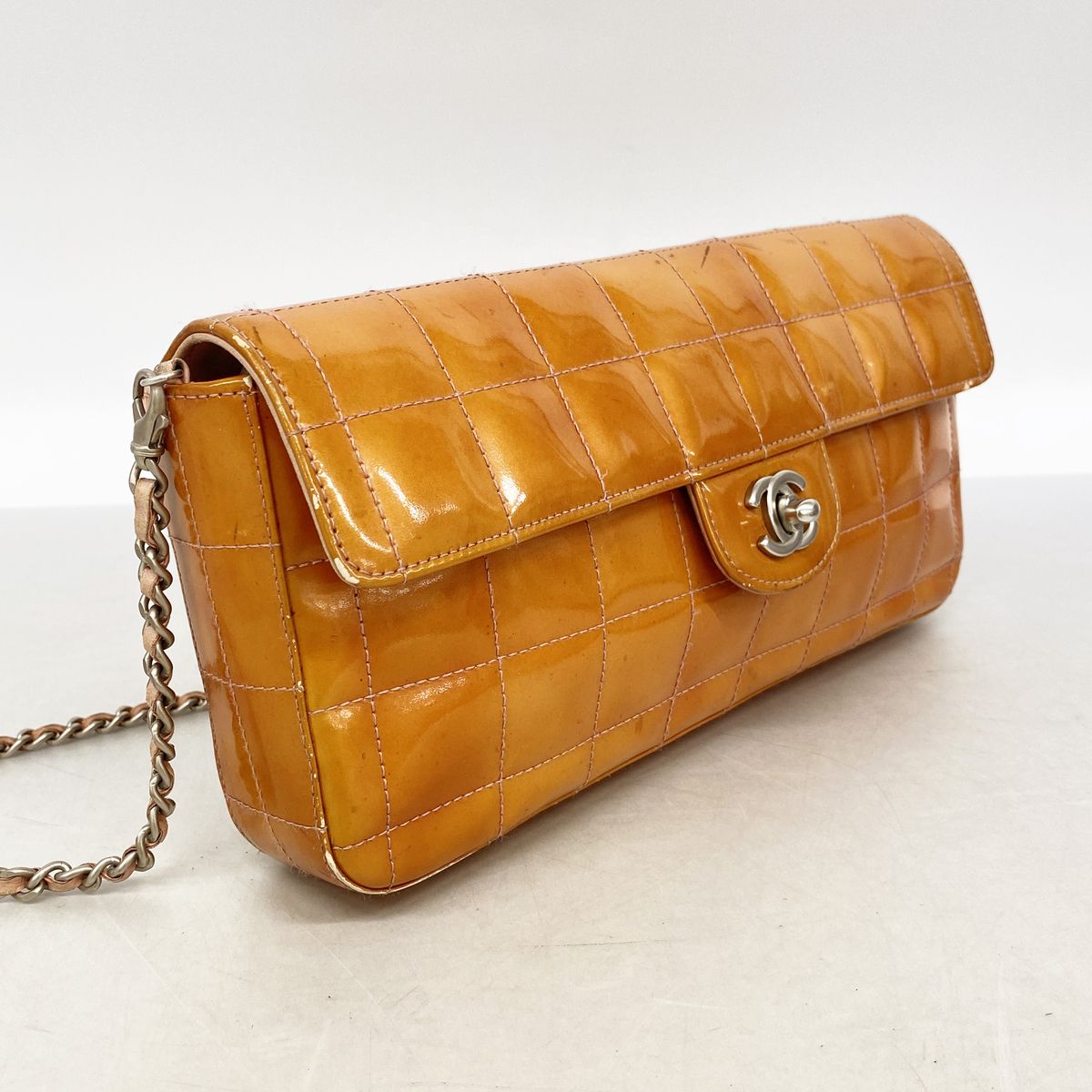 Chanel Shoulder Bag Choco Bar Patent Leather Orange Silver — view 2