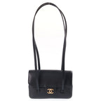 Chanel Strap Clutch CC Logo Caviar Leather Shoulder Bag Black Gold Seal