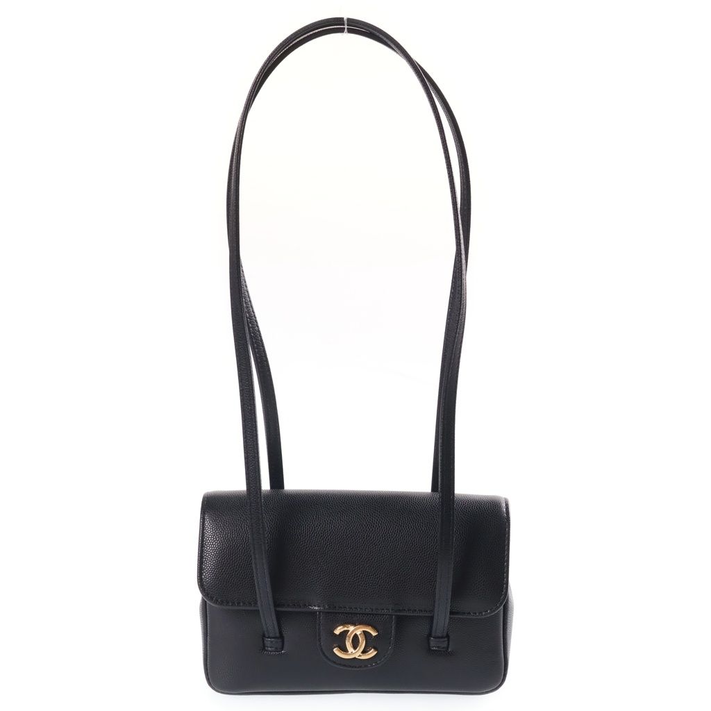 Chanel Strap Clutch CC Logo Caviar Leather Shoulder Bag Black Gold Seal
