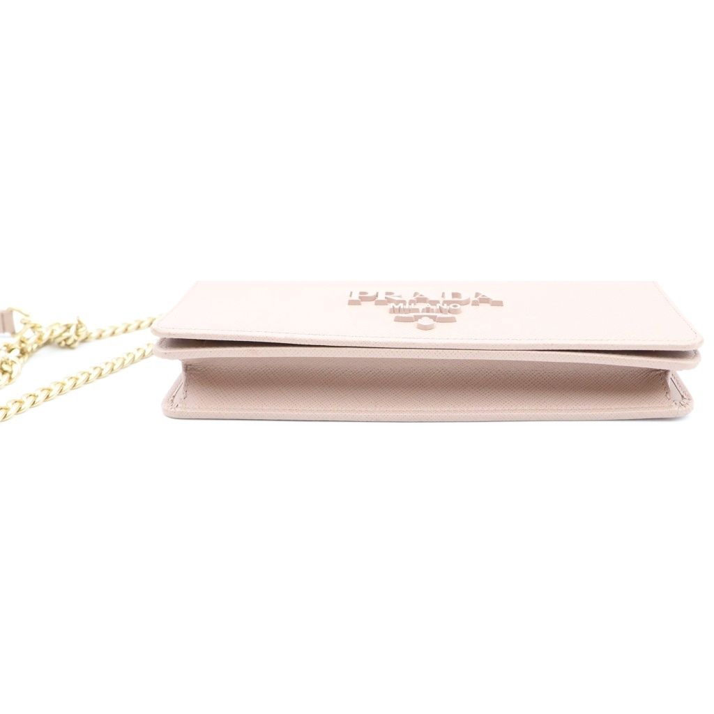Prada Logo Chain Wallet Shoulder Bag Pink Beige Saffiano Leather — view 4