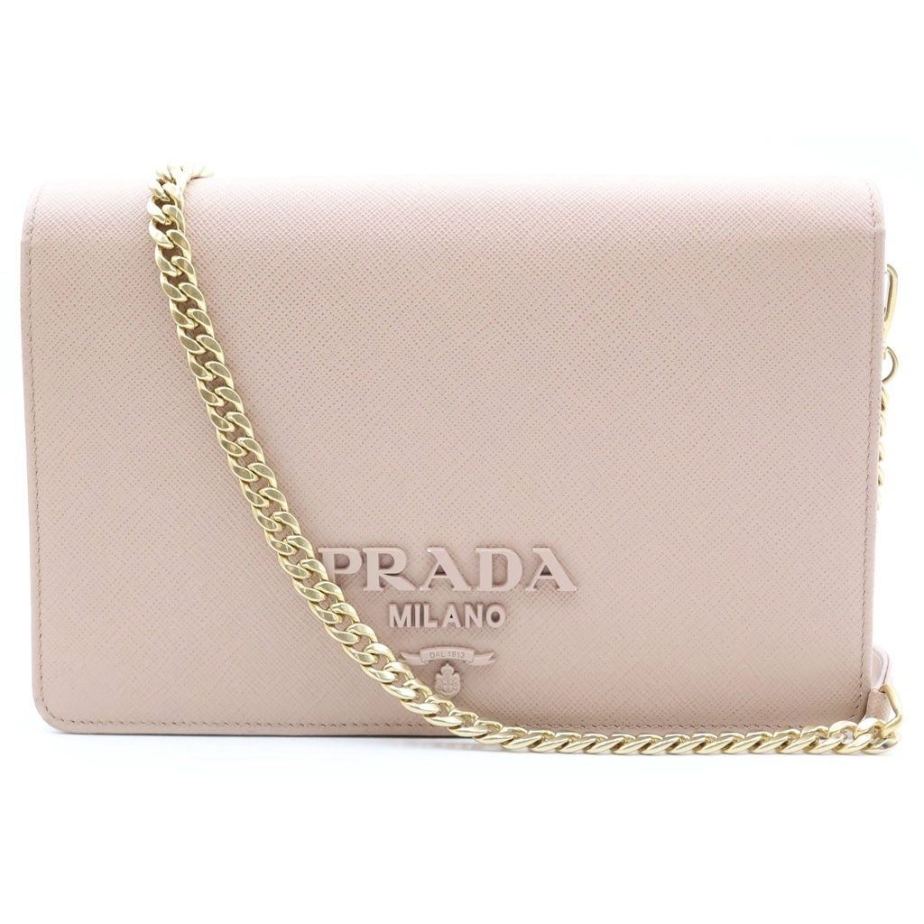 Prada Logo Chain Wallet Shoulder Bag Pink Beige Saffiano Leather