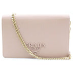 Prada Logo Chain Wallet Shoulder Bag Pink Beige Saffiano Leather
