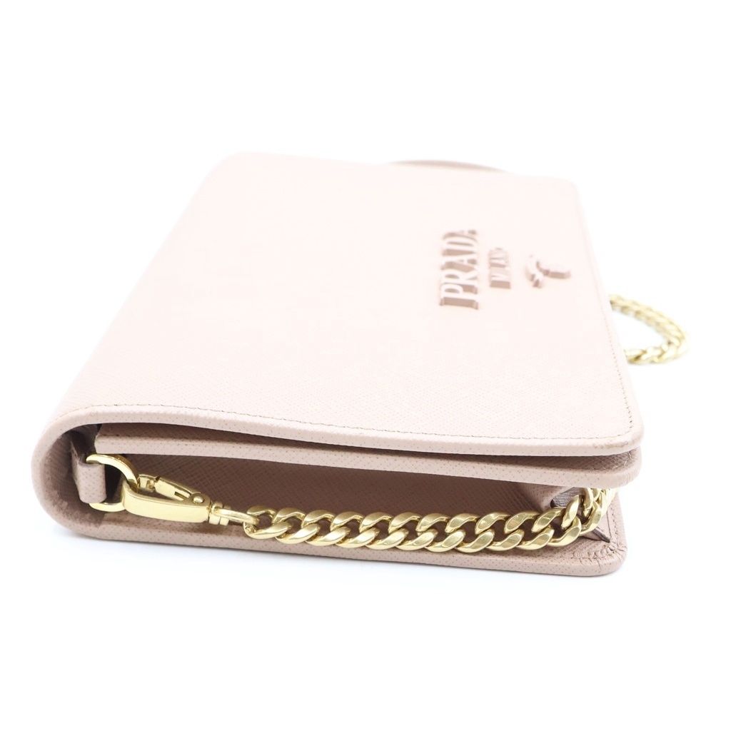 Prada Logo Chain Wallet Shoulder Bag Pink Beige Saffiano Leather — view 3