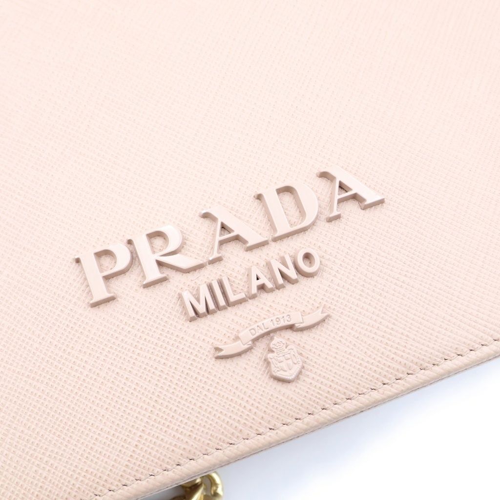 Prada Logo Chain Wallet Shoulder Bag Pink Beige Saffiano Leather — view 6