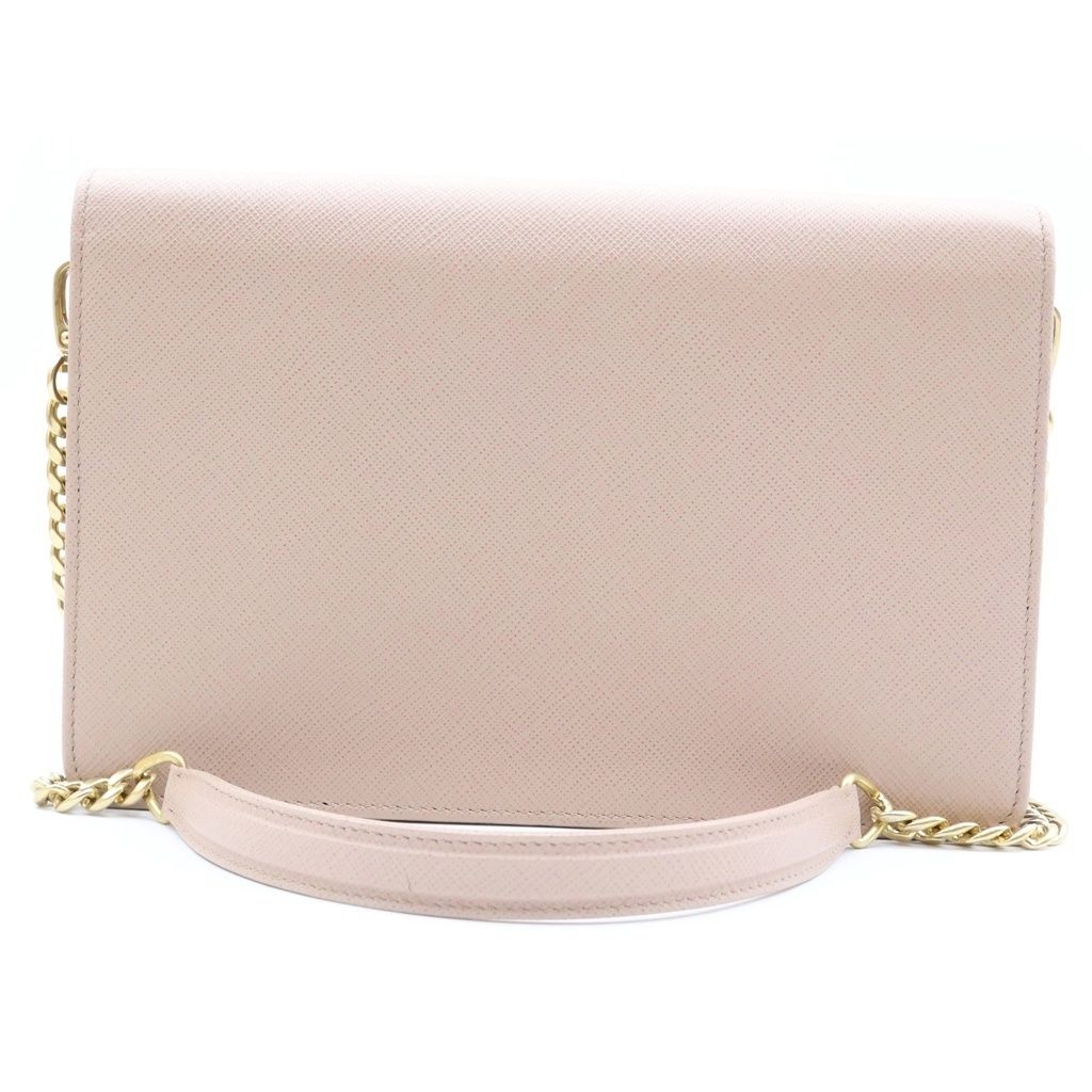 Prada Logo Chain Wallet Shoulder Bag Pink Beige Saffiano Leather — view 2