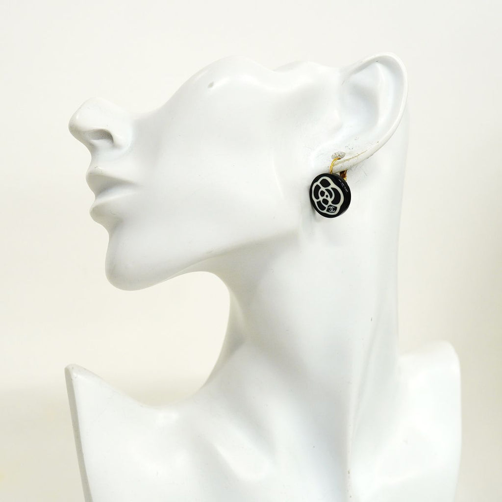 Chanel Earrings CC Logo Camellia Round Circle Gold Plated White Black — view 5