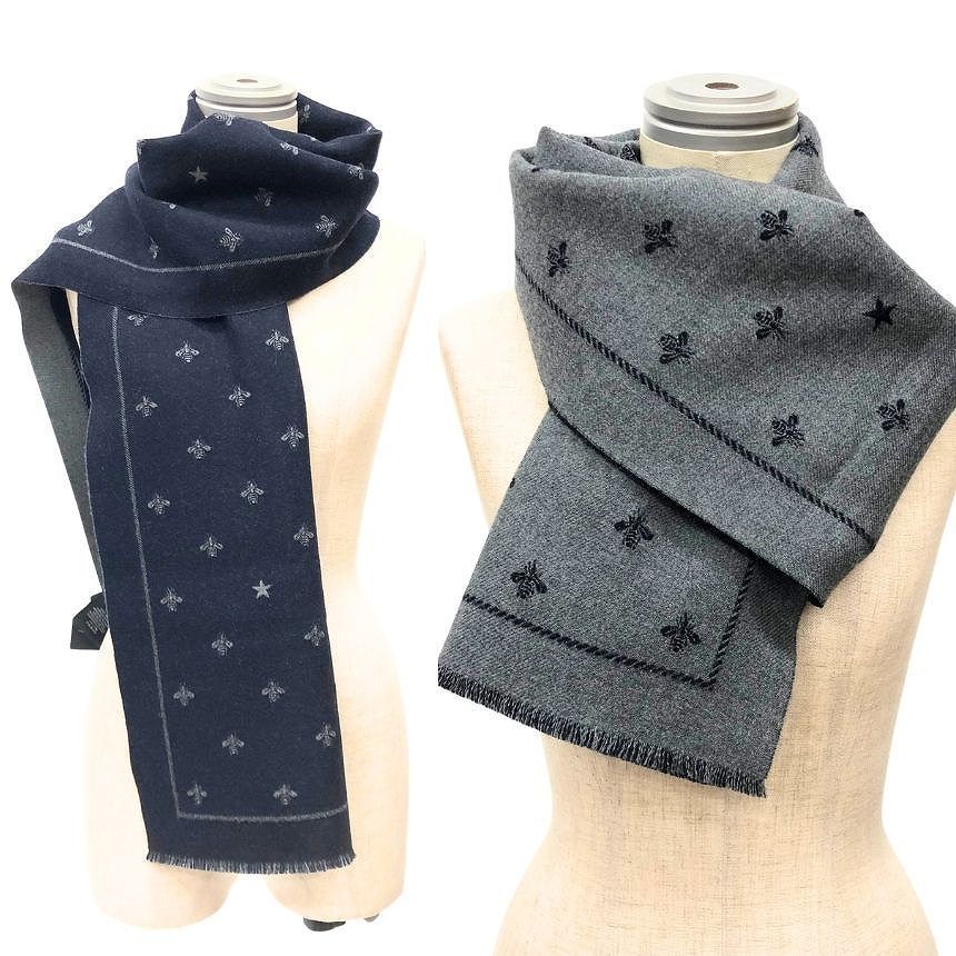 Gucci Scarf Bee & Star Navy Gray Reversible Wool — view 2