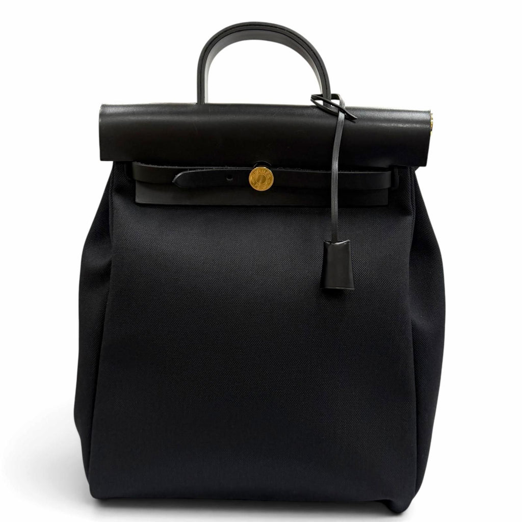 Hermes Herbag a Dos Zip PM Backpack Black Toile Militaire Vache Hunter