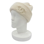 Chanel Cashmere Silk CC Logo Embroidery Beanie Knit Cap Ivory Hat