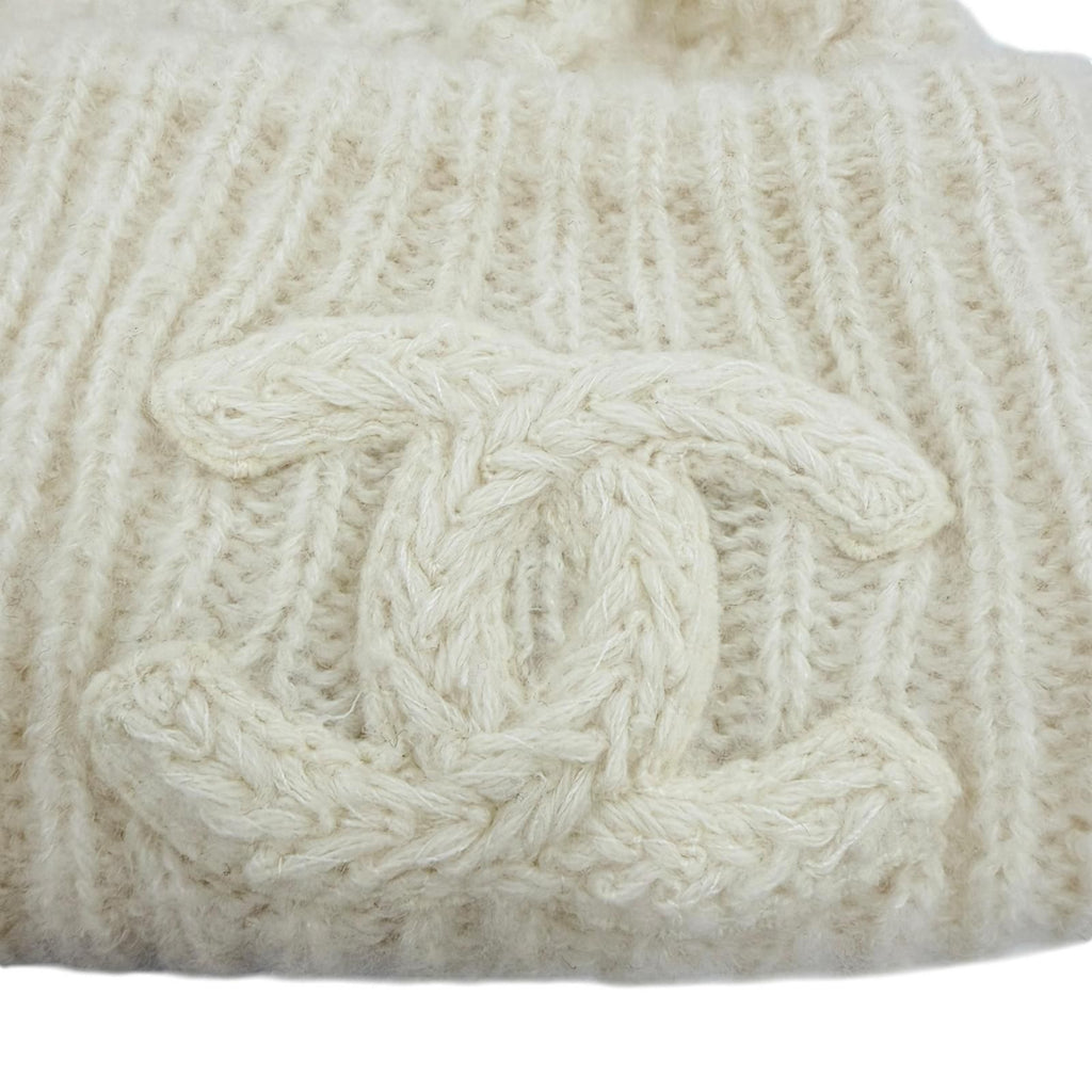 Chanel Cashmere Silk CC Logo Embroidery Beanie Knit Cap Ivory Hat — view 6