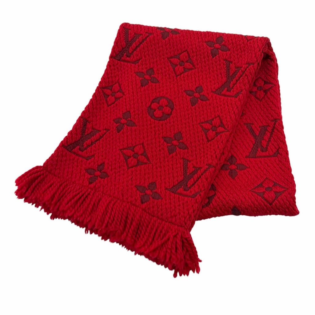 Louis Vuitton Logomania Scarf Wool Silk Blend Ruby Monogram Fringe