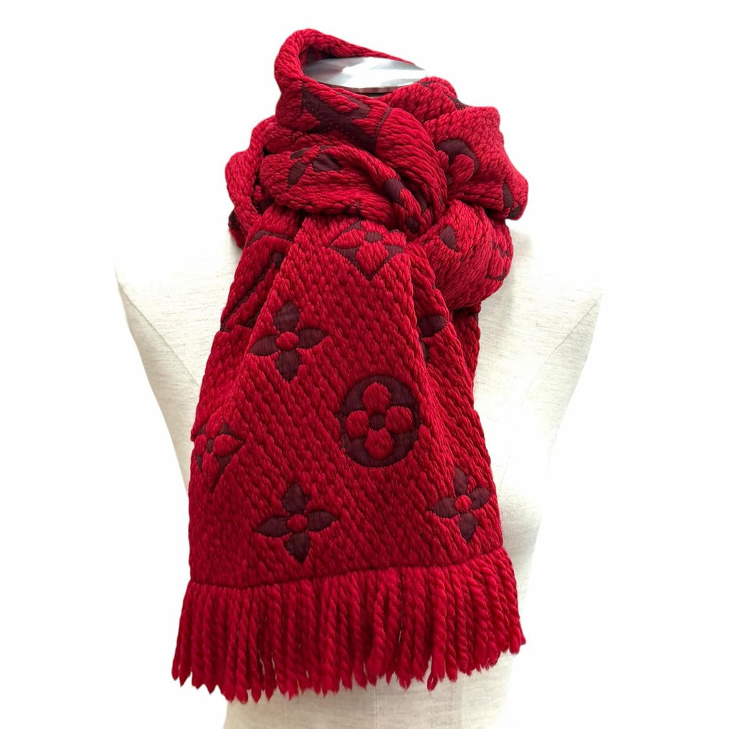 Louis Vuitton Logomania Scarf Wool Silk Blend Ruby Monogram Fringe — view 2