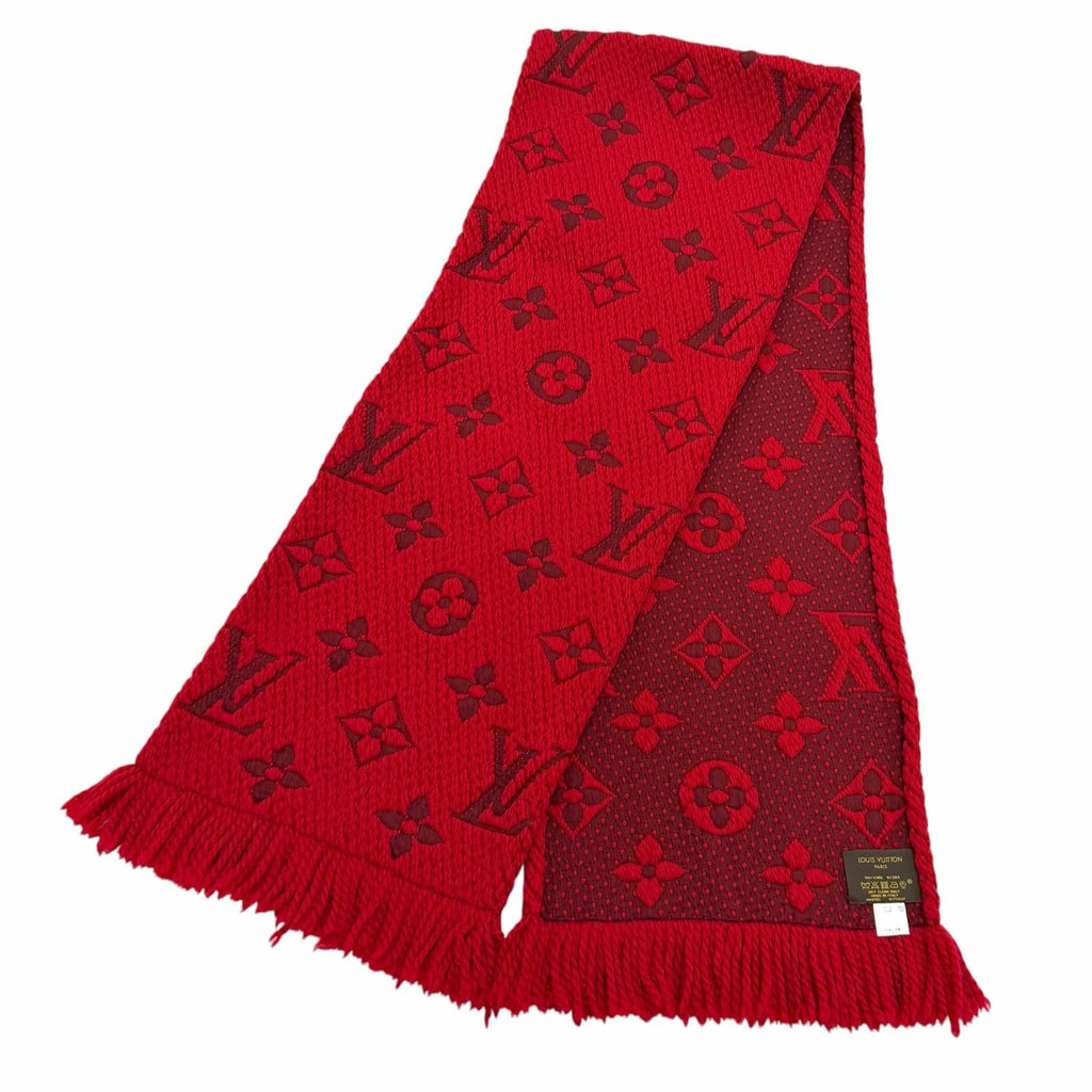 Louis Vuitton Logomania Scarf Wool Silk Blend Ruby Monogram Fringe — view 3