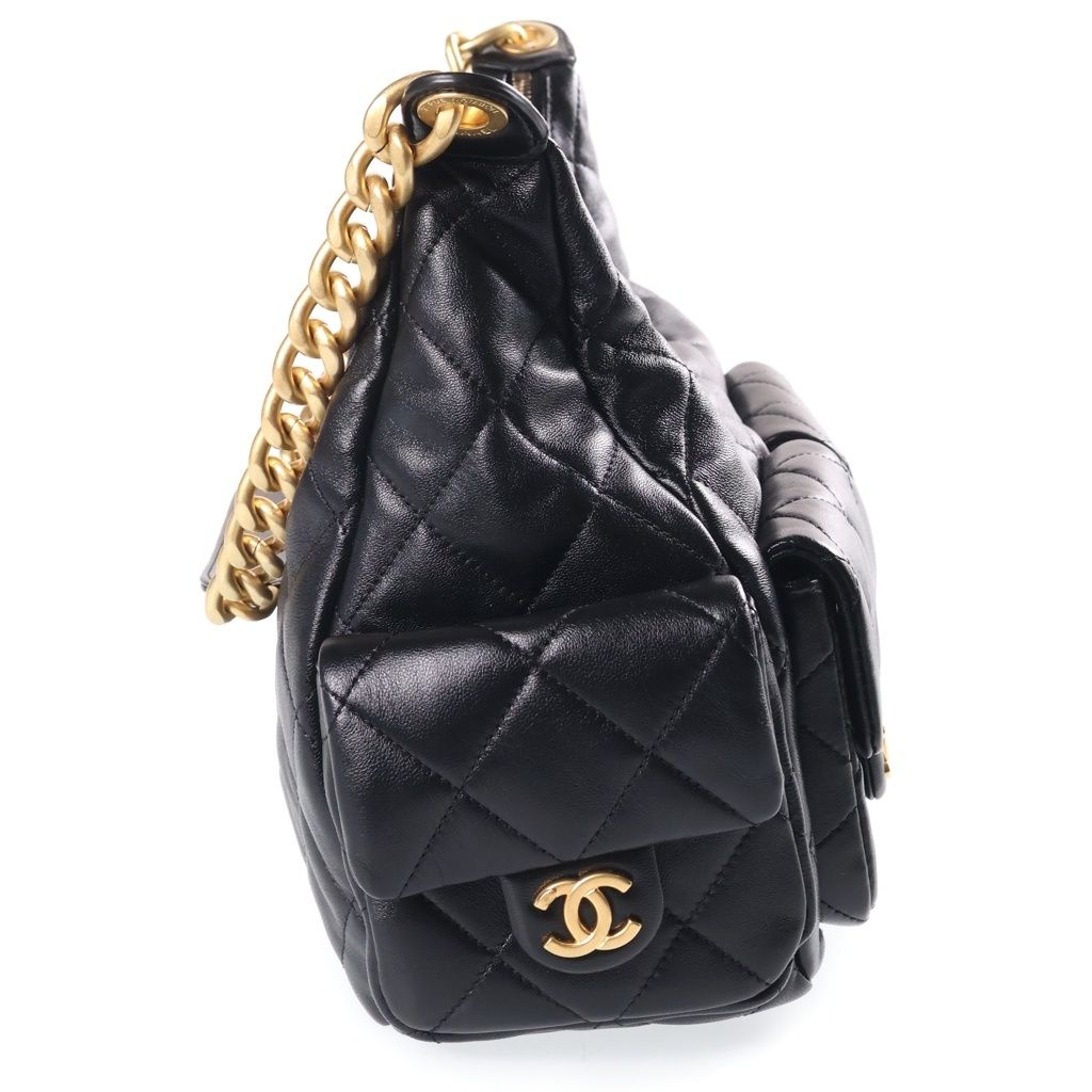 Chanel Quilted Hobo Chain Shoulder Bag Black Lambskin GD Plate — view 3