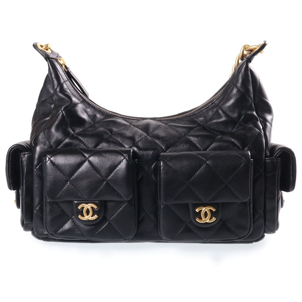 Chanel Quilted Hobo Chain Shoulder Bag Black Lambskin GD Plate