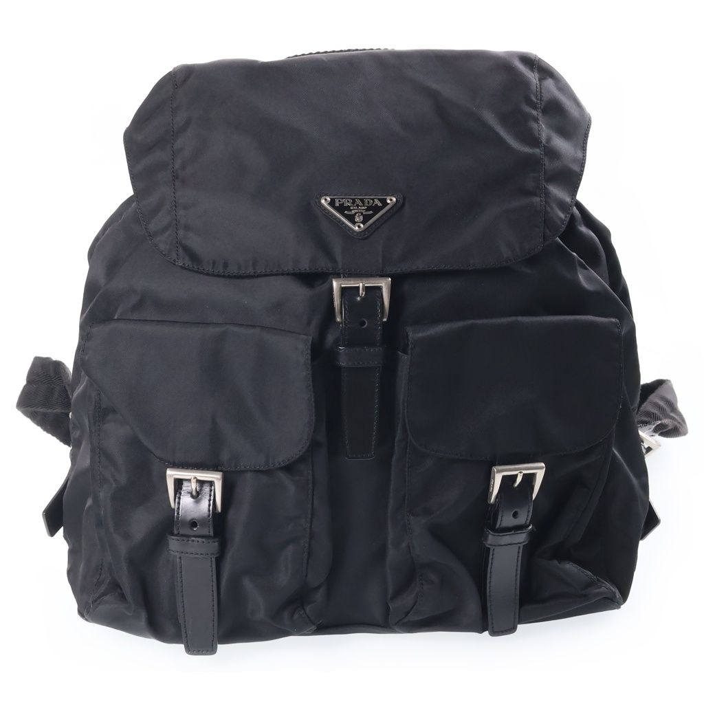 Prada Triangle Logo Nylon Backpack Black Tessuto Silver