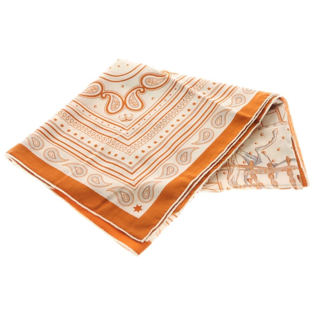 Hermes Carre Geant Grand Appara Bandana Scarf Cashmere Cotton Orange Cuy White