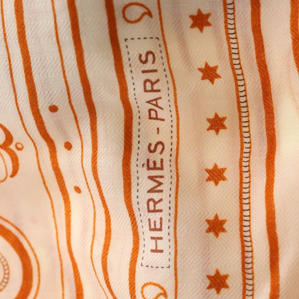 Hermes Carre Geant Grand Appara Bandana Scarf Cashmere Cotton Orange Cuy White — view 5
