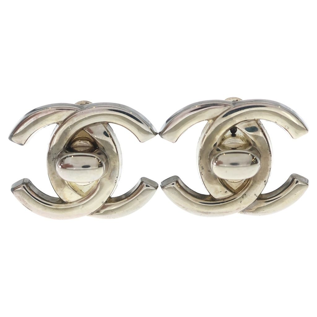 Chanel CC Logo Turnlock Earrings Metal Silver with Bean
