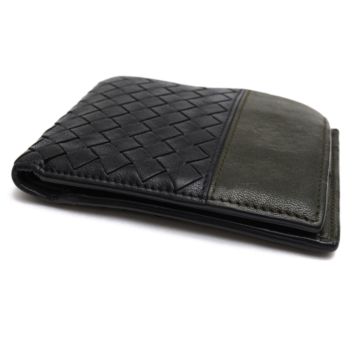 Bottega Veneta Wallet Leather Olive Khaki Bicolor Coin Purse Bifold Mesh — view 4