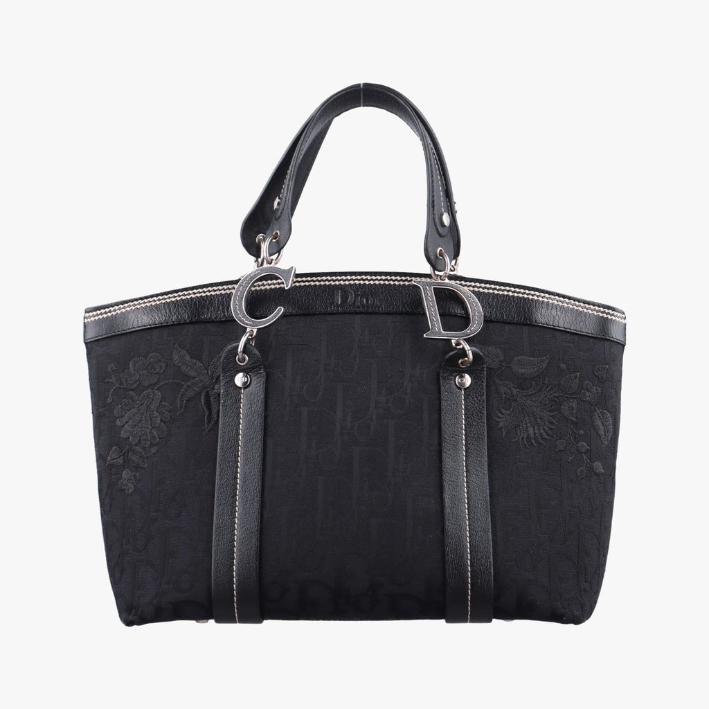 Dior Trotter Flower Tote Bag Black Canvas Leather