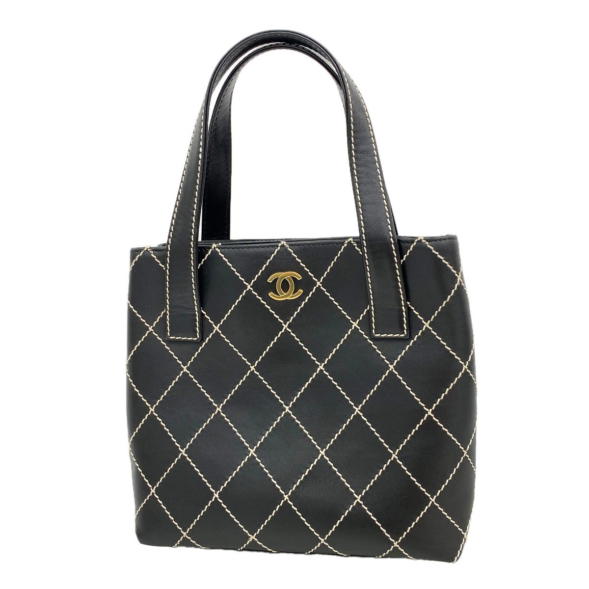 Chanel Tote Bag Wild Stitch Leather Black Gold