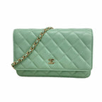 Chanel Wallet on Chain Quilted Lambskin Light Green Champagne Gold Shoulder Bag