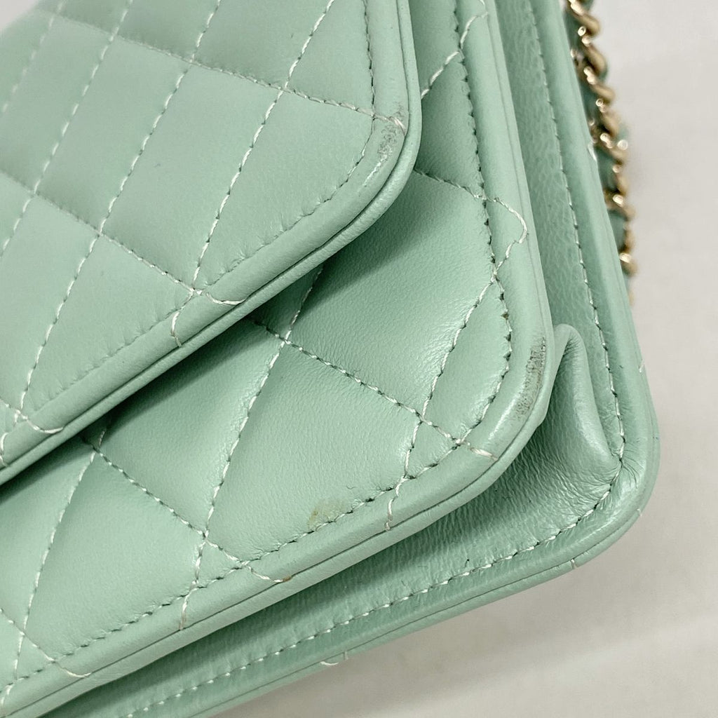 Chanel Wallet on Chain Quilted Lambskin Light Green Champagne Gold Shoulder Bag — view 6