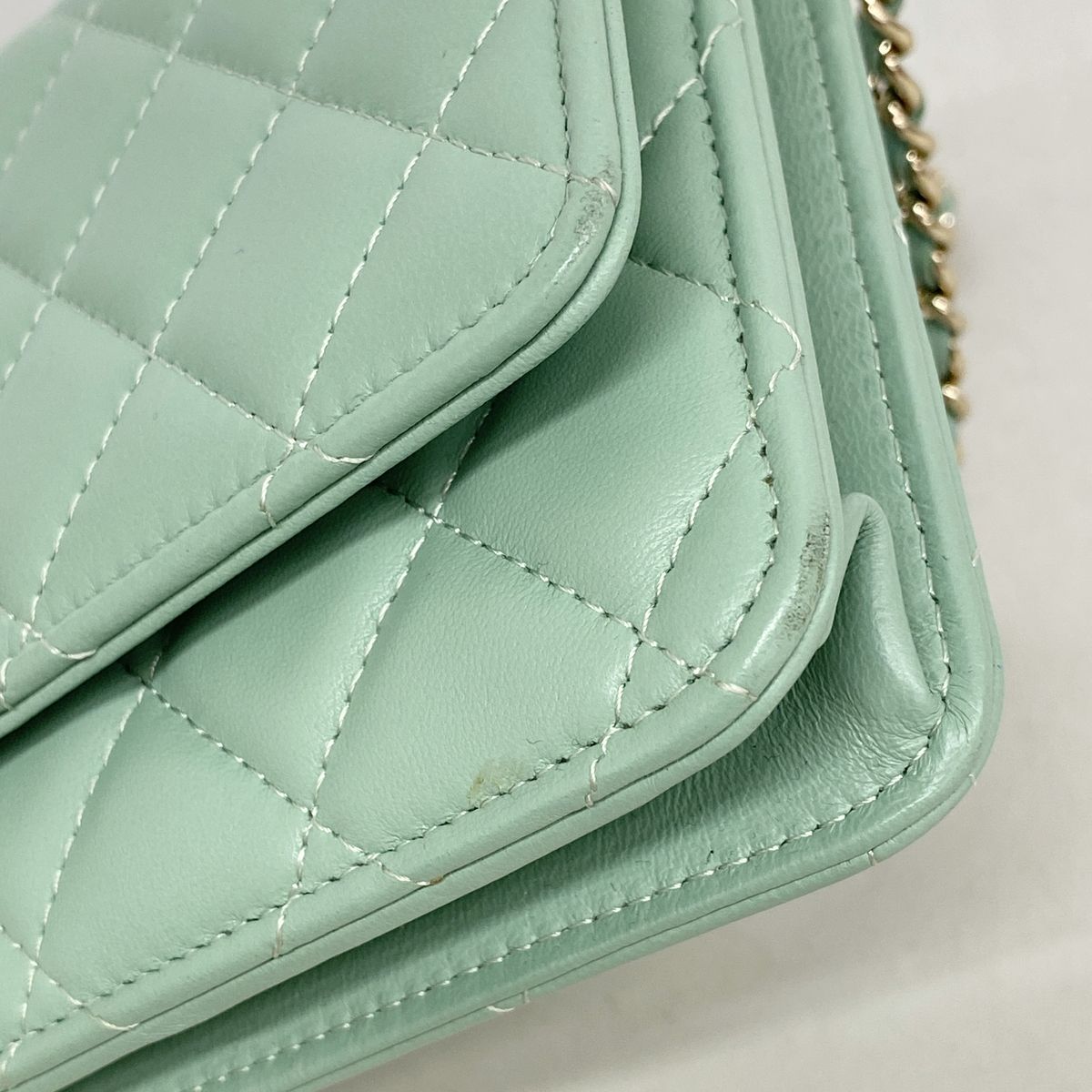 Chanel Wallet on Chain Quilted Lambskin Light Green Champagne Gold Shoulder Bag — view 6
