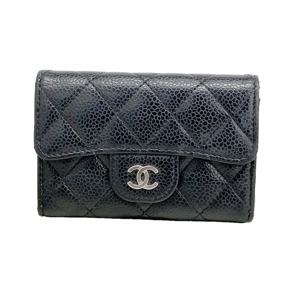 Chanel Card Case Quilted Caviar Leather Black Silver