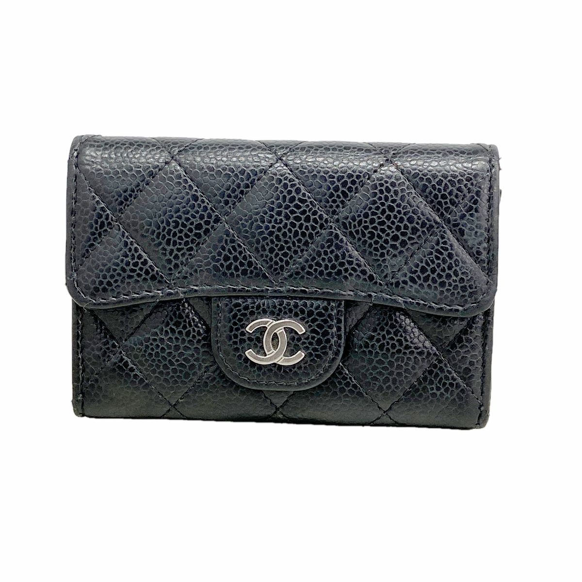 Chanel Card Case Quilted Caviar Leather Black Silver