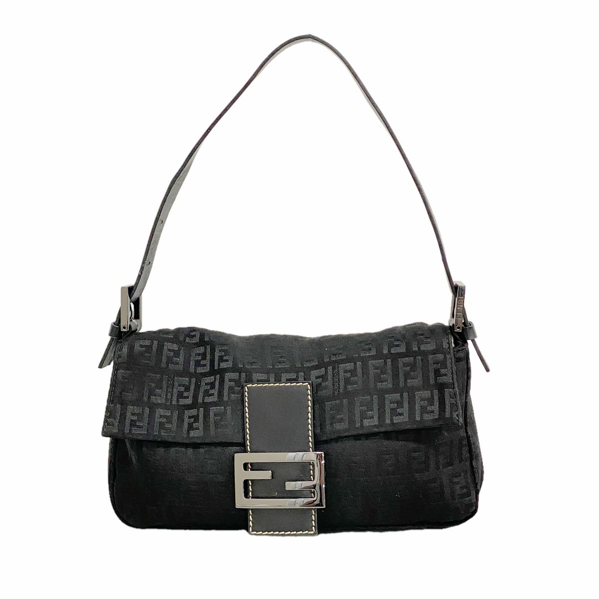 Fendi Handbag Zucchino Mamma Bucket Nylon Canvas Black Silver