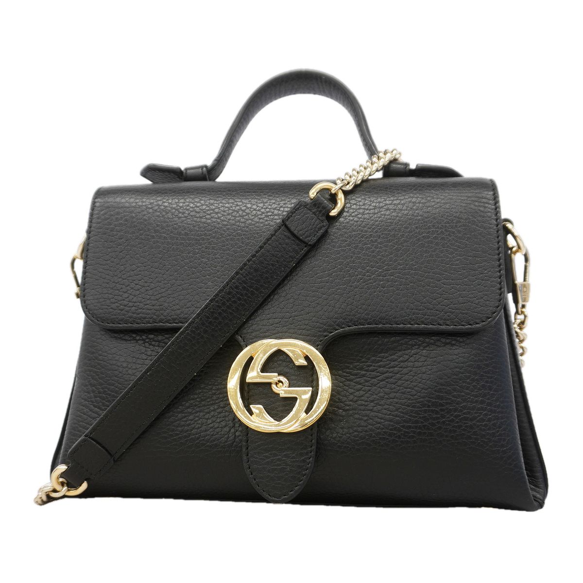 Gucci Handbag Interlocking G Leather Black Champagne Gold 2-Way Bag