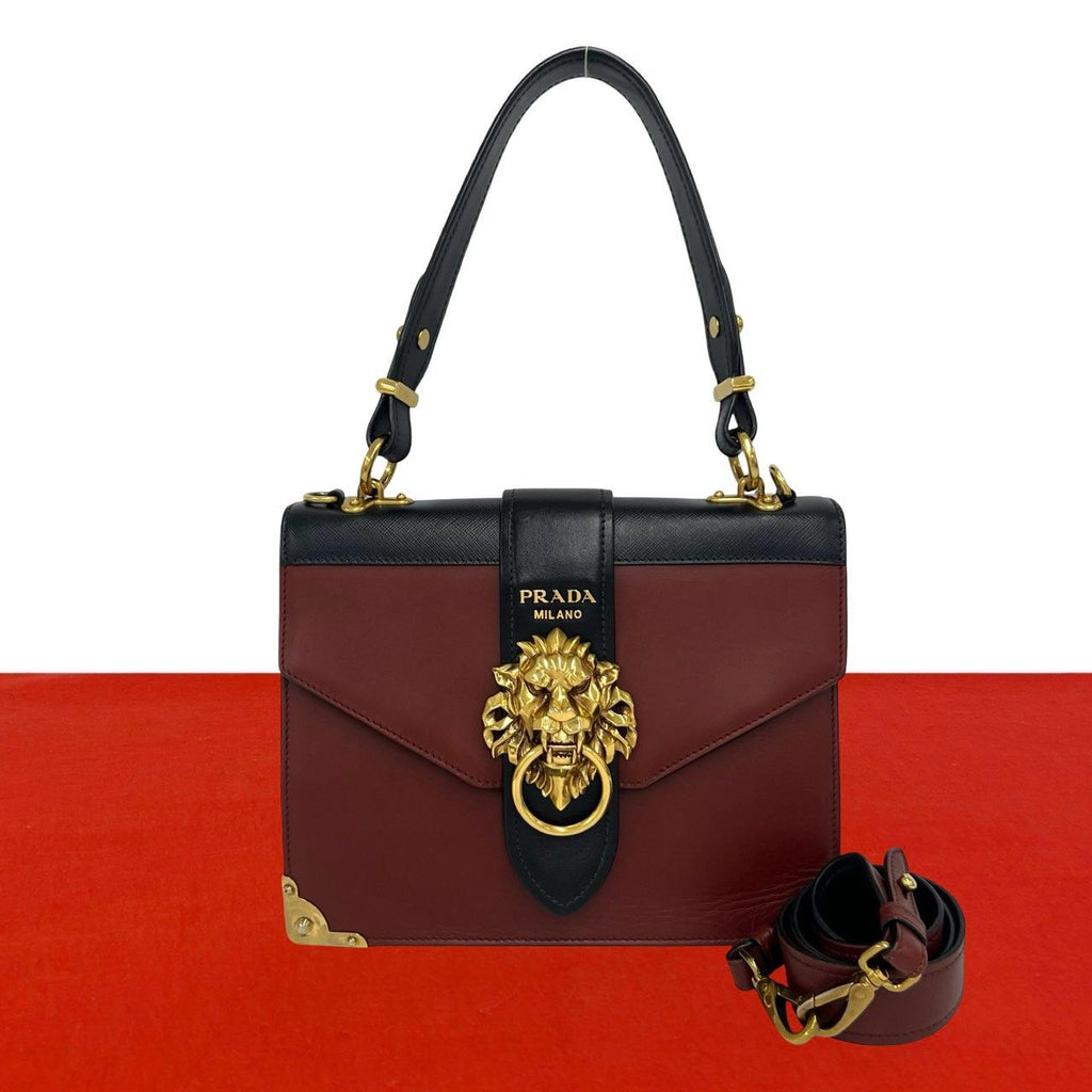 Prada Cahier Lion Head Logo Leather 2-Way Shoulder Bag Pochette Wine Red Black