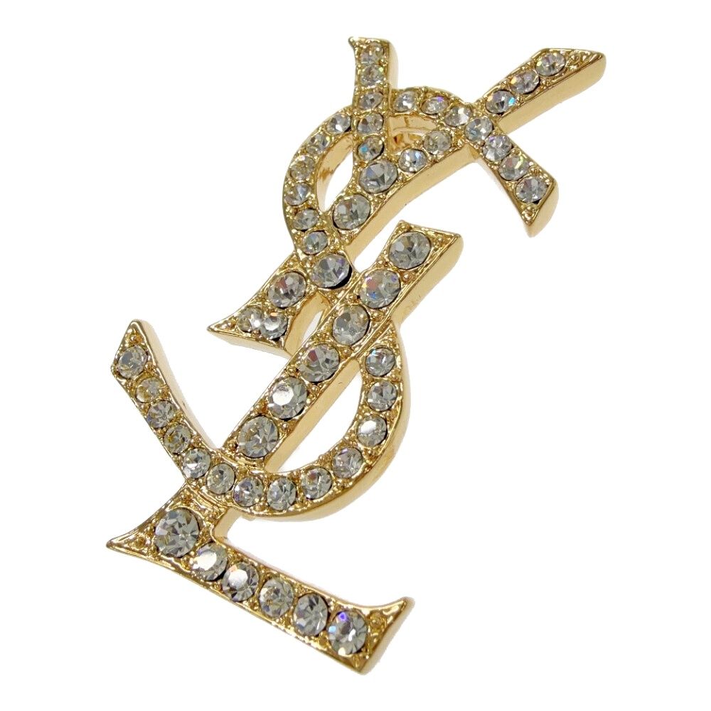 Saint Laurent Rhinestone Logo Brooch Gold — view 2