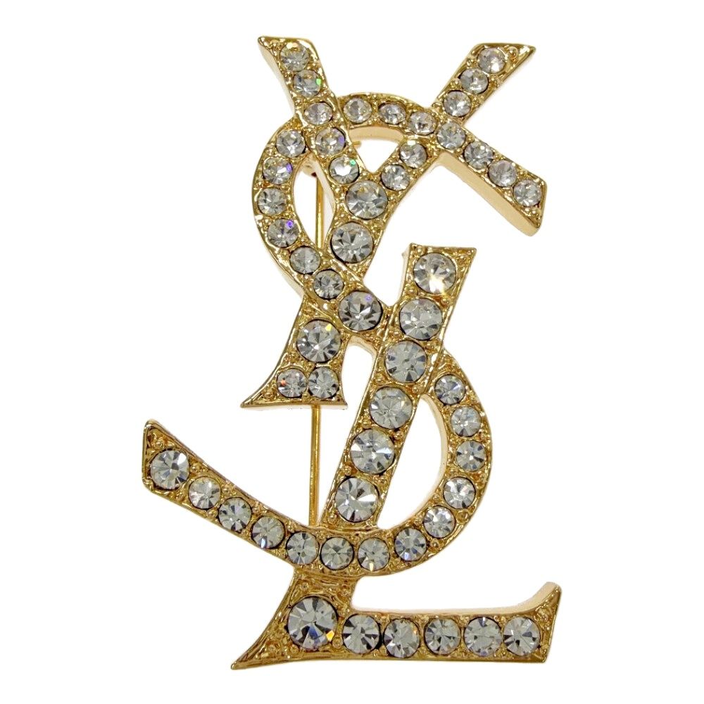 Saint Laurent Rhinestone Logo Brooch Gold