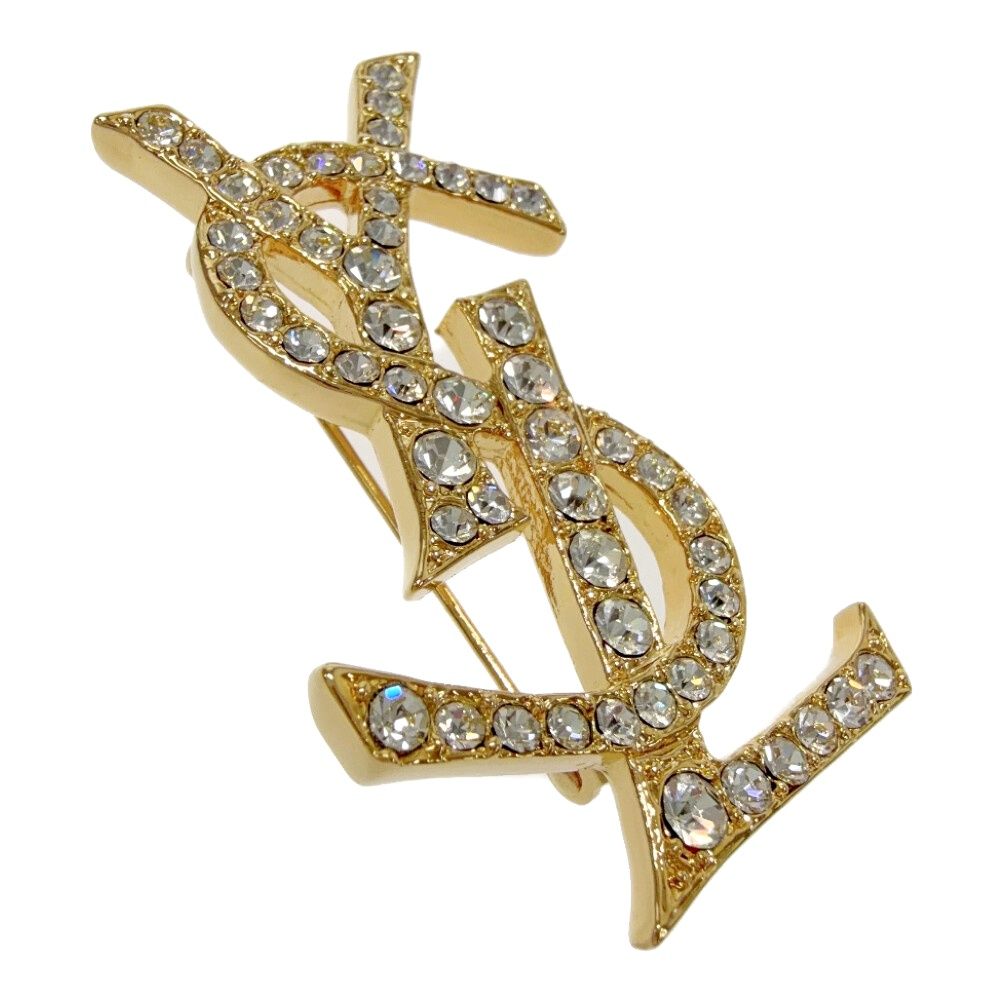 Saint Laurent Rhinestone Logo Brooch Gold — view 3