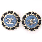 Chanel CC Logo Earrings Denim Blue Black Light Gold