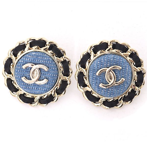 Chanel CC Logo Earrings Denim Blue Black Light Gold