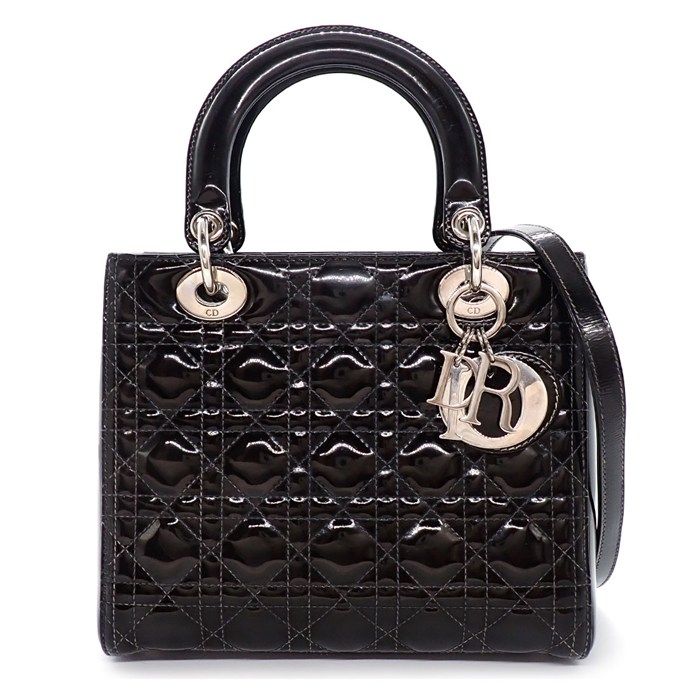 Dior Shoulder Bag Lady Dior Medium Black Patent Calfskin Silver
