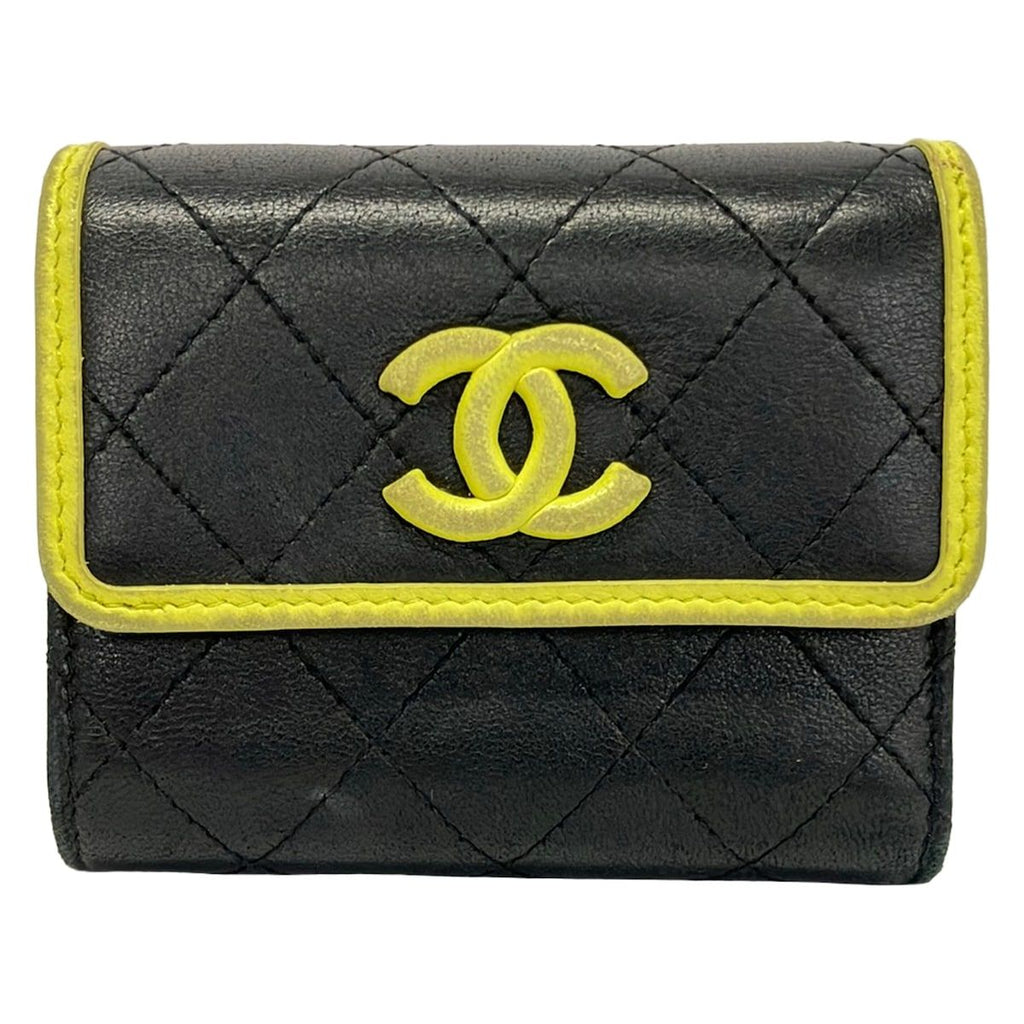 Chanel Trifold Wallet Quilted Black Yellow Lambskin