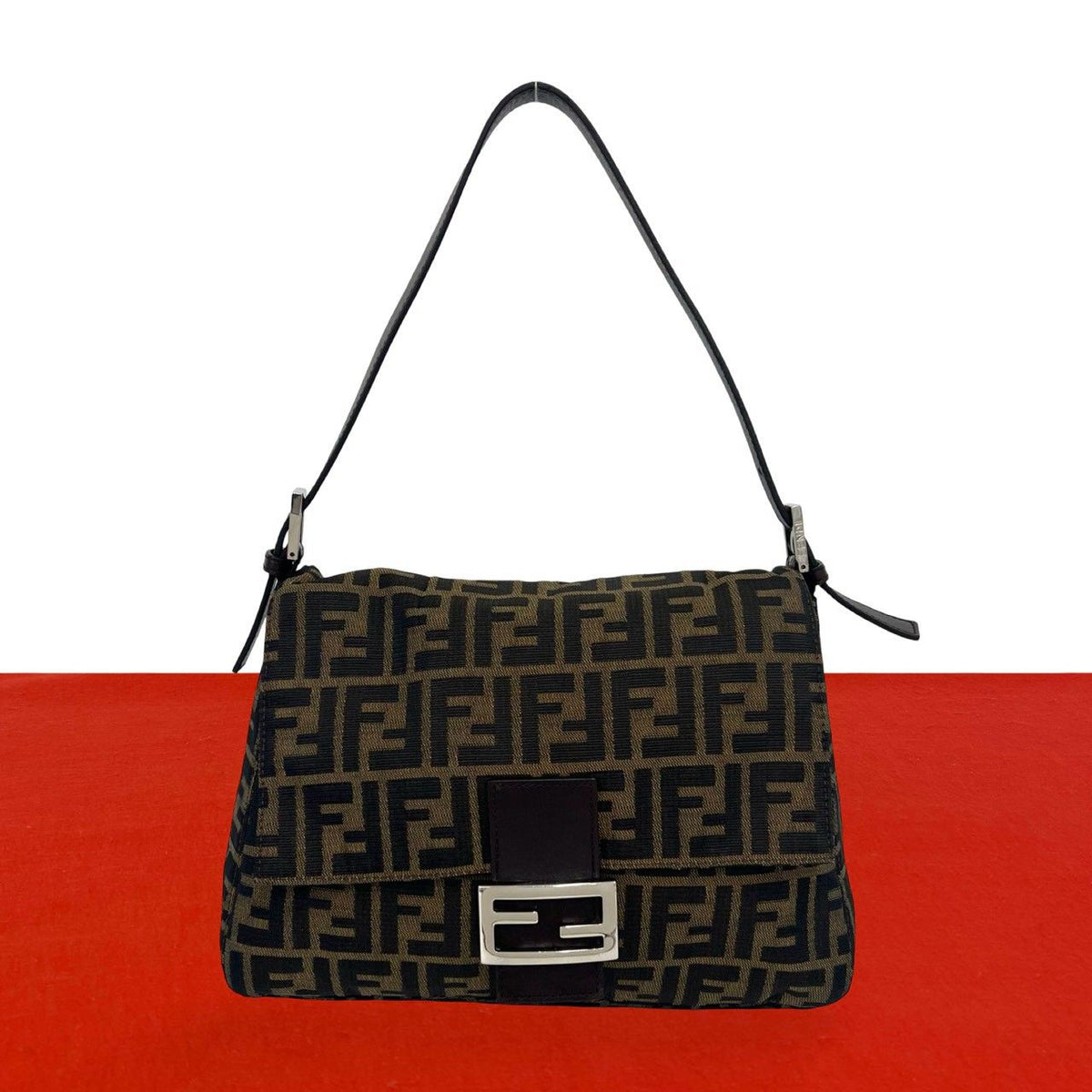 Fendi Mamma Bucket Zucca FF Logo Canvas Leather Semi Bag Brown