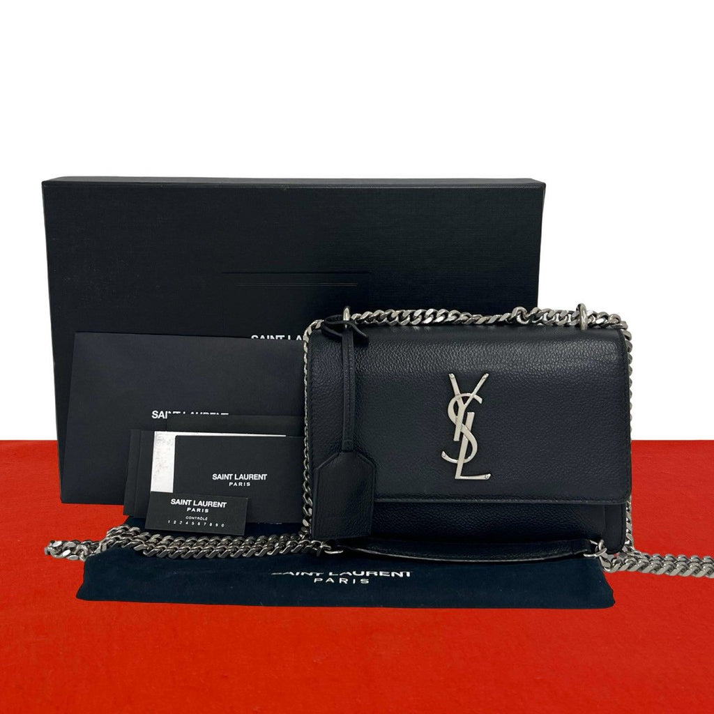 Saint Laurent Paris Sunset YSL Logo Leather 2-Way Shoulder Bag Pochette Black
