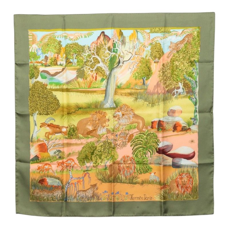 Hermes Carre 90 Nuba Mountain Scarf Green Multicolor Silk