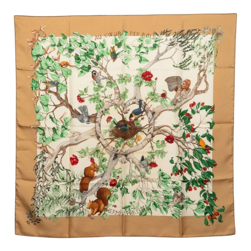 Hermes Carre 90 in the Forest AU Coeur Des Bois Scarf Beige Multicolor Silk