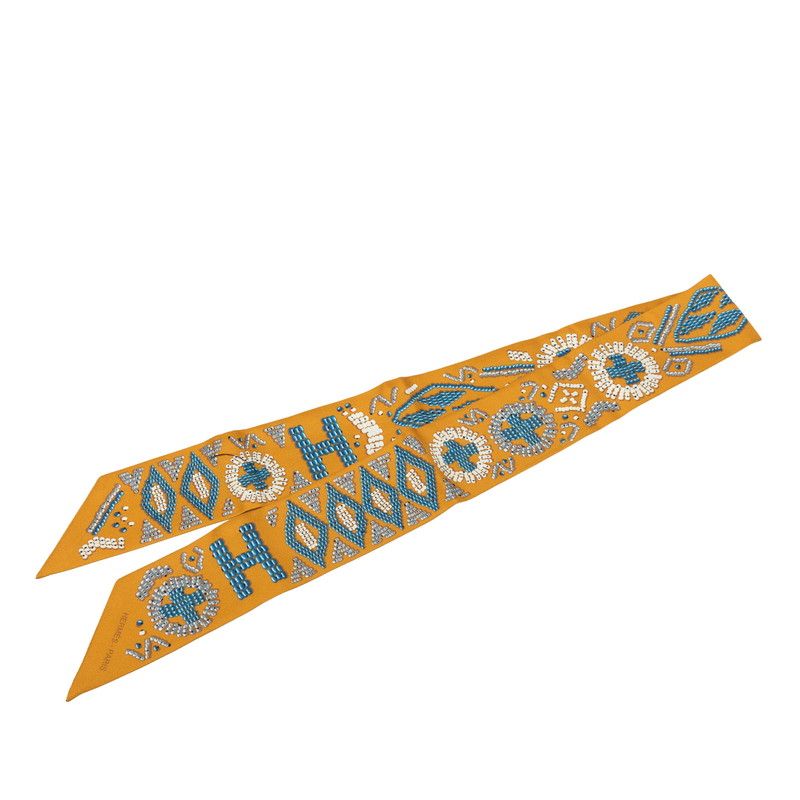 Hermes Twilly Kelly en Perles Scarf Brown Yellow Earth Color Silk