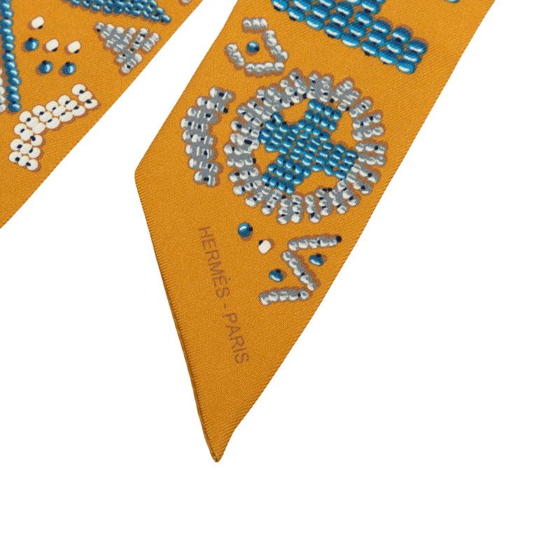Hermes Twilly Kelly en Perles Scarf Brown Yellow Earth Color Silk — view 2